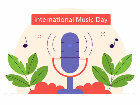 International Music Day Celebration with Microphone Music Notes and Plants in a Flat Design