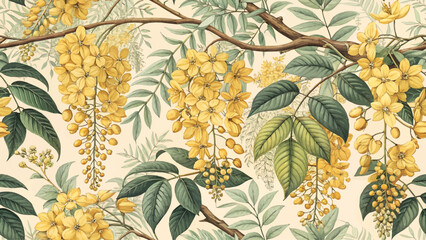 Digital seamless floral pattern illustration. Highly detailed Golden Shower Tree floral pattern in bright colors. Designed for fabric or wallpaper or curtains.