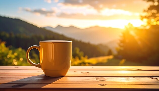 A warm cup of coffee on a wooden table at sunset over mountains