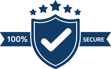 Security Shield Icon with Stars and 100 Percent Secure Banners On White