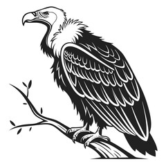 Majestic Griffon Vulture Perched on a Branch Detailed Black and White Illustration