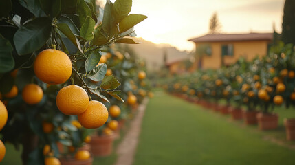 Orange tree with oranges in garden. Fruit Farm