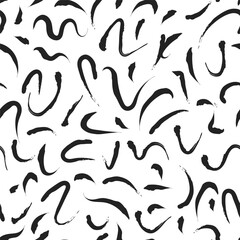Line bush ink strokes seamless pattern with abstract, hand-drawn black paint shapes on a white background. Expressive, modern, wavy grunge arrow linear elements endless wallpaper.