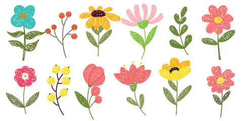 Cute hand drawn spring flower doodle set. Colorful floral vector elements with crayon, chalk, sketchy style. Perfect for kids design, spring clipart, invitations, stickers, cards, and textile prints.