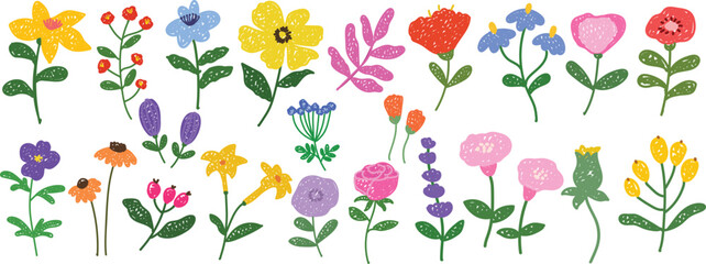Cute hand drawn spring flower doodle set. Colorful floral vector elements with crayon, chalk, sketchy style. Perfect for kids design, spring clipart, invitations, stickers, cards, and textile prints.