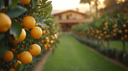 Orange tree with oranges in orchard, blurred background. Fruit Farm