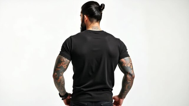 Brutal attractive bearded biker man with tattooed hands poses backside in black blank t-shirt from premium thin cotton, isolated on white mockup.