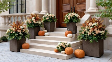 Colorful mums and pumpkins decorate a beautiful front door, inviting seasonal warmth into an elegant entryway filled with autumn charm