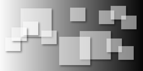Overlapping Geometric Squares and Rectangles in Shades of Black white Evoking Order and Balance. black gradient background with transparent polygonal shapes and modern design elements. square design.