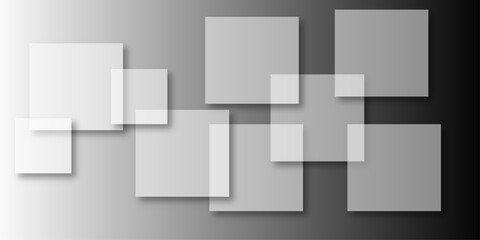 Overlapping Geometric Squares and Rectangles in Shades of Black white Evoking Order and Balance. black gradient background with transparent polygonal shapes and modern design elements. square design.