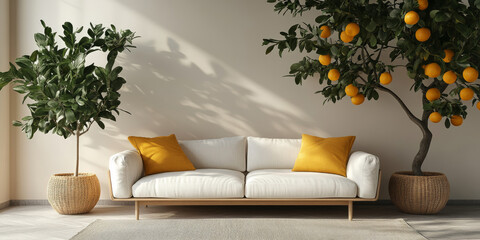 Modern living room interior with a white sofa and orange tree and houseplant