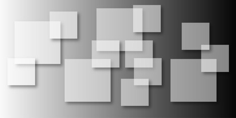 Overlapping Geometric Squares and Rectangles in Shades of Black white Evoking Order and Balance. black gradient background with transparent polygonal shapes and modern design elements. square design.