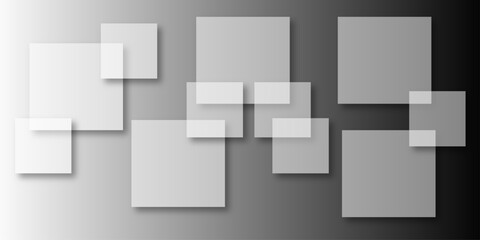 Overlapping Geometric Squares and Rectangles in Shades of Black white Evoking Order and Balance. black gradient background with transparent polygonal shapes and modern design elements. square design.