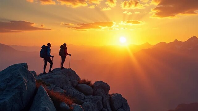 Amazing and inspiring romantic sunset over high mountains. Two people hike and camp, walk on crest edge of mountain peak, reaching goal or finish line. Motivational moment for achi.