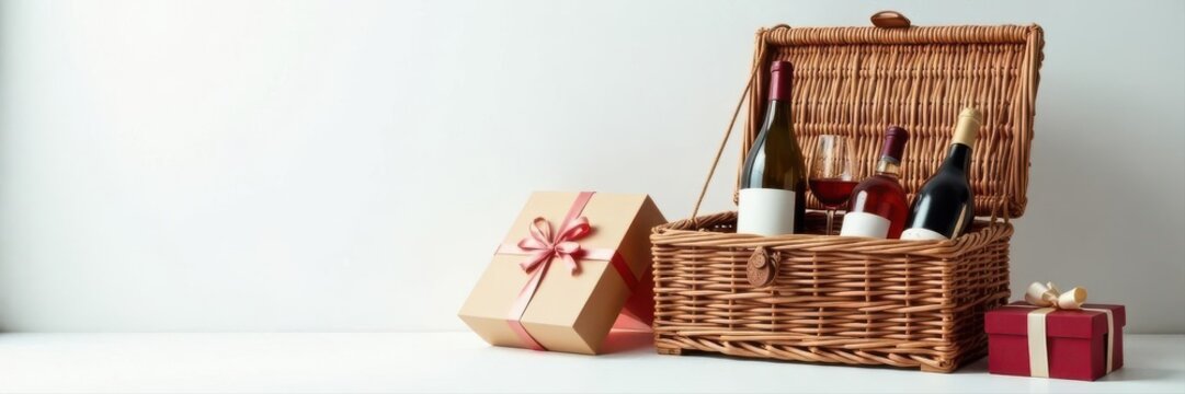 Elegant wicker hamper, fine wine, luxury gift boxes, white table , scene, gift boxes