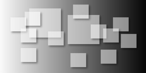 Overlapping Geometric Squares and Rectangles in Shades of Black white Evoking Order and Balance. black gradient background with transparent polygonal shapes and modern design elements. square design.