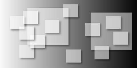 Overlapping Geometric Squares and Rectangles in Shades of Black white Evoking Order and Balance. black gradient background with transparent polygonal shapes and modern design elements. square design.