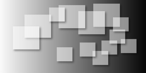 Overlapping Geometric Squares and Rectangles in Shades of Black white Evoking Order and Balance. black gradient background with transparent polygonal shapes and modern design elements. square design.