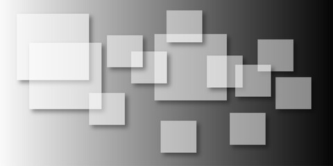 Overlapping Geometric Squares and Rectangles in Shades of Black white Evoking Order and Balance. black gradient background with transparent polygonal shapes and modern design elements. square design.