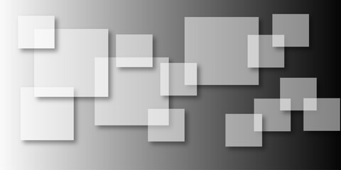 Overlapping Geometric Squares and Rectangles in Shades of Black white Evoking Order and Balance. black gradient background with transparent polygonal shapes and modern design elements. square design.