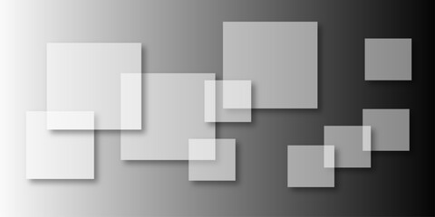 Overlapping Geometric Squares and Rectangles in Shades of Black white Evoking Order and Balance. black gradient background with transparent polygonal shapes and modern design elements. square design.