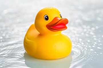 A bright yellow rubber duck floats serenely on the waters surface, ready for a playful bath