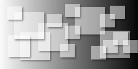 Overlapping Geometric Squares and Rectangles in Shades of Black white Evoking Order and Balance. black gradient background with transparent polygonal shapes and modern design elements. square design.