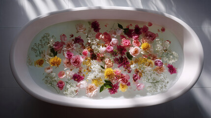 A luxurious, milky bath with flower petals.	A beautiful, top-down shot of a milky bath filled with floating, colorful flower petals, a symbol of a luxurious and slow bathing ritual.
