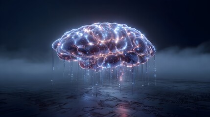 A futuristic digital brain with glowing circuits and data streams, representing advanced technology and artificial intelligence.
