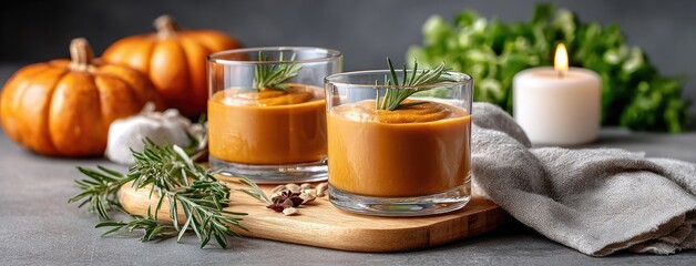 Pumpkin mousse enriched with spices served in elegant glasses, accompanied by pumpkin cubes on a rustic wooden board
