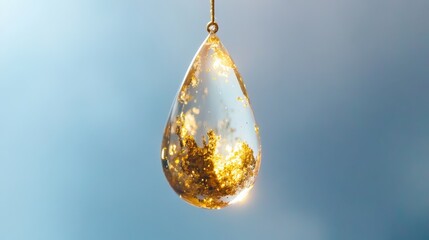Transparent teardrop-shaped pendant with gold flecks.