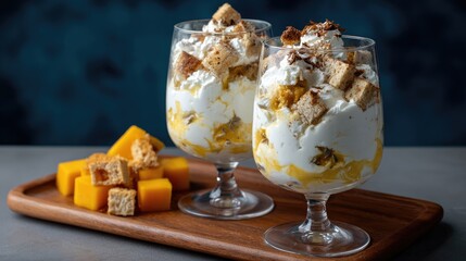 Pumpkin mousse enriched with spices served in elegant glasses, accompanied by pumpkin cubes on a rustic wooden board