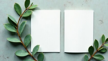 Rustic green wedding invites, blank cards, eucalyptus on concrete , wedding, leaves, elegant