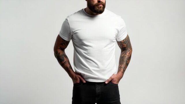 Attractive brutal tattooed bearded guy poses in black jeans and blank white t-shirt from premium thin summer cotton, isolated on white mockup.