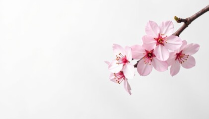 Single cherry blossom branch, pale pink blooms, pure white backdrop , pure, soft, delicate