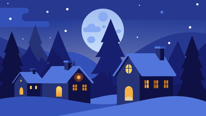 Winter Village with Glowing Windows and Moon