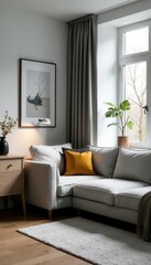 Stylish Nordic living room Grey sofa, wooden desk, open space , stylish, simple, furniture