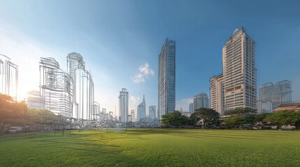 Fototapeta premium Urban development blueprint overlaid on a city landscape.