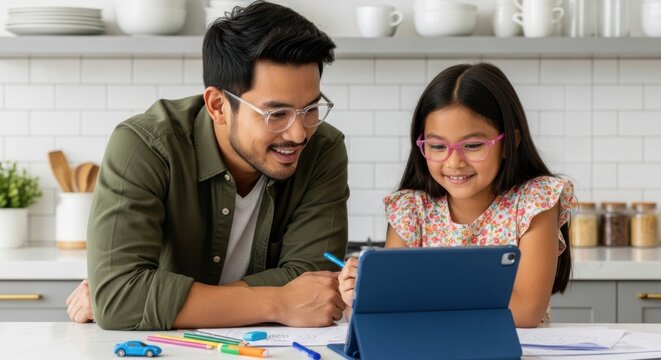 A father and daughter happily learning together on a tablet at home - Powered by Adobe