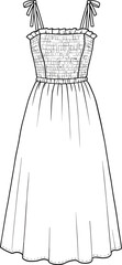 Elegant women’s sundress with smocked bodice and tie straps, casual summer midi dress design, stylish flat fashion sketch