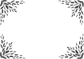 Obraz premium Frame. In each corner of the background there are patterns consisting of leaves of different sizes. Black, gray color. Drawing with pencils. White copy space. Invitation, postcard, certificate.