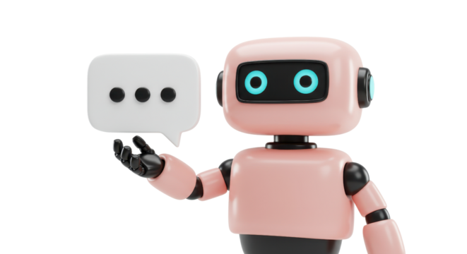 Friendly pink robot holding a speech bubble icon, communicating modern AI chat concepts digitally