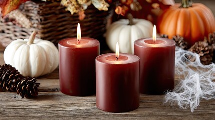 Dark red candles glow on a gothic table adorned with pumpkins, spider webs, and vampire-themed decorations for Halloween festivities