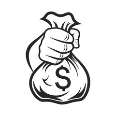 Black and white illustration of a hand holding a money bag with a dollar sign vector