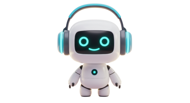 Friendly cartoon robot with glowing blue headphones and screen, ready for futuristic tech adventures