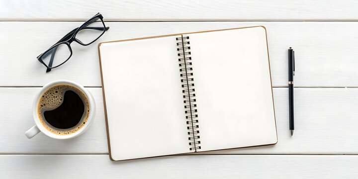 Blank notepad coffee cup eyeglasses white wooden desk flat lay