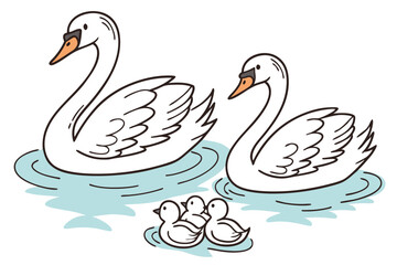 A Charming Swan Family Scene Swans and Ducklings Floating Peacefully on the Water