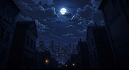 Mysterious full moon bathes an old-world city street in ethereal light, evoking a silent, atmospheric urban night scene with towering architecture and dramatic clouds.