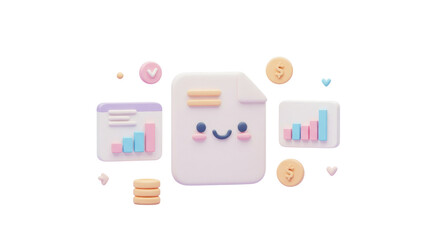 Adorable animated document character celebrates financial growth with charts and coins