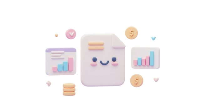 Adorable animated document character celebrates financial growth with charts and coins